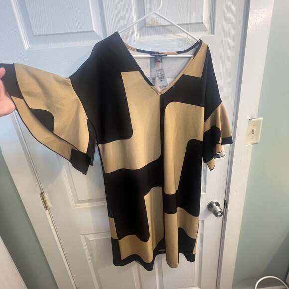 Black Tan Ashley Stewart Abstract Print Maxi Dress Size 14/16 Bell Sleeve - Picture 3 of 5